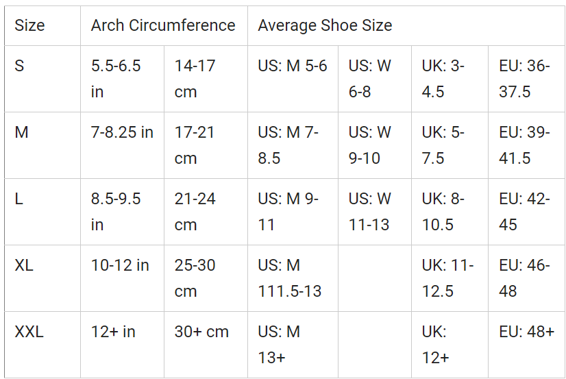 Size chart for OS1st AF7 Ankle Bracing Sleeve