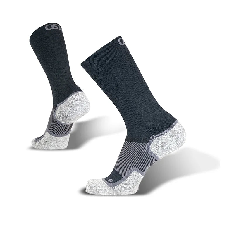 OS1st WP4+ Wide Crew Wellness Performance Socks in black, providing targeted compression and support for improved circulation and comfort, designed for wide feet.