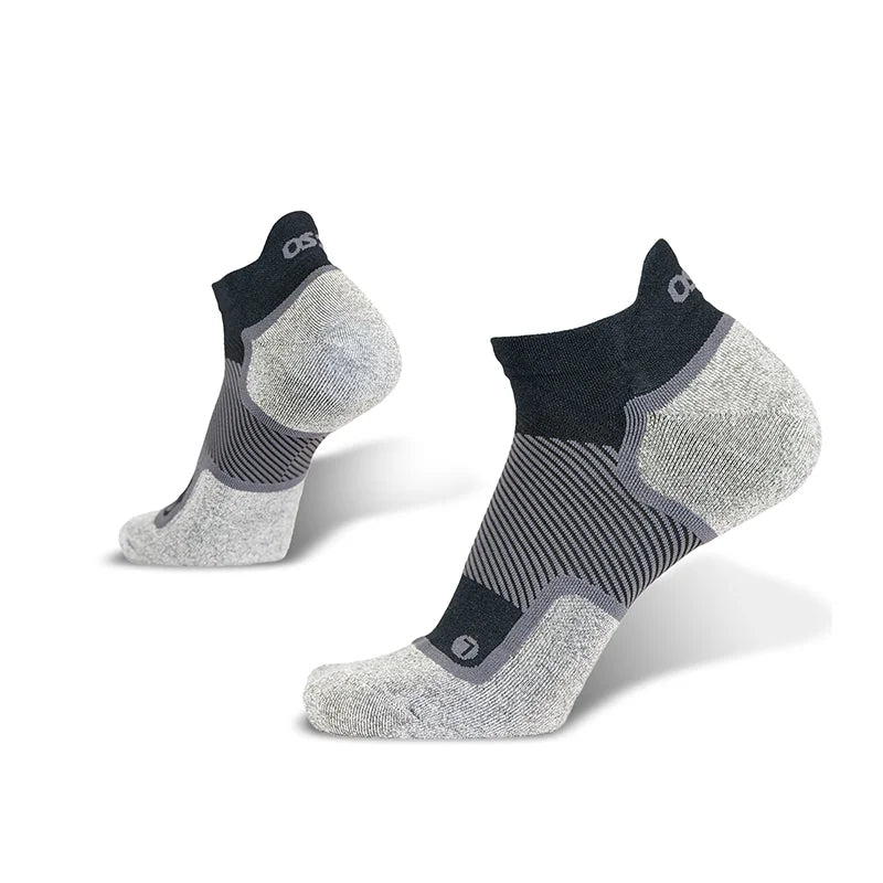 OS1st WP4+ Wide No Show Wellness Performance Socks in black, providing targeted compression for improved circulation and foot comfort, designed for wider feet.