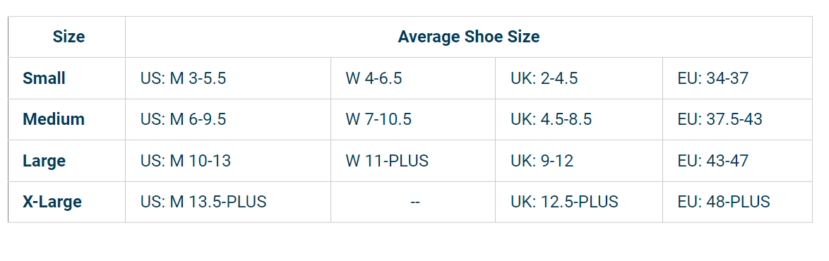 OS1st size chart for FS4 Quarter Crew Socks designed for Plantar Fasciitis relief, providing targeted compression and support for the arch and heel of the foot.