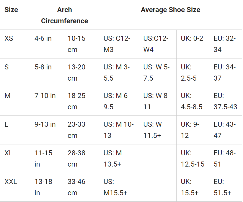 OS1st size chart for FS6 Compression Foot Sleeves (pair)