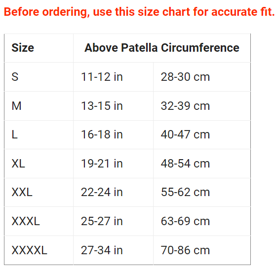 OS1st size chart for OS1st KS7 Performance Knee Sleeve