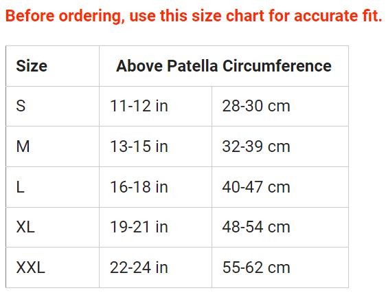 Size chart for OS1st KS7+ Adjustable Performance Knee Sleeve