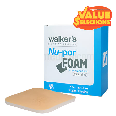 Box of Nu-Por Foam Dressing (Non-Adhesive) in 10cm x 10cm size, ideal for maintaining a moist wound environment and comfortable coverage