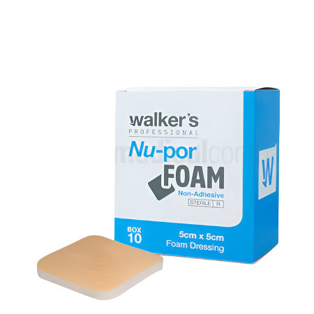 Box of Nu-Por Foam Dressing (Non-Adhesive) in 5cm x 5cm size, designed for high absorbency and pain-free wound care