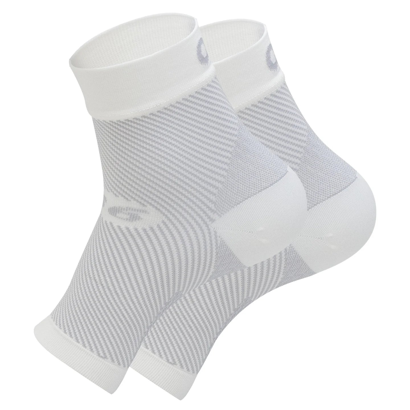 OS1st FS6 Compression Foot Sleeves (pair) in white, designed for Plantar Fasciitis relief and targeted compression from heel to arch.