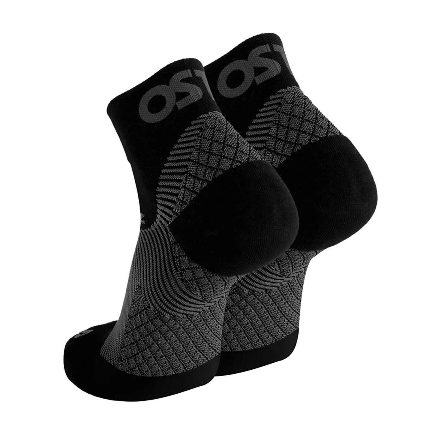 OS1st FS4 Quarter Crew Socks in black designed for Plantar Fasciitis relief, providing targeted compression and support for the arch and heel of the foot.