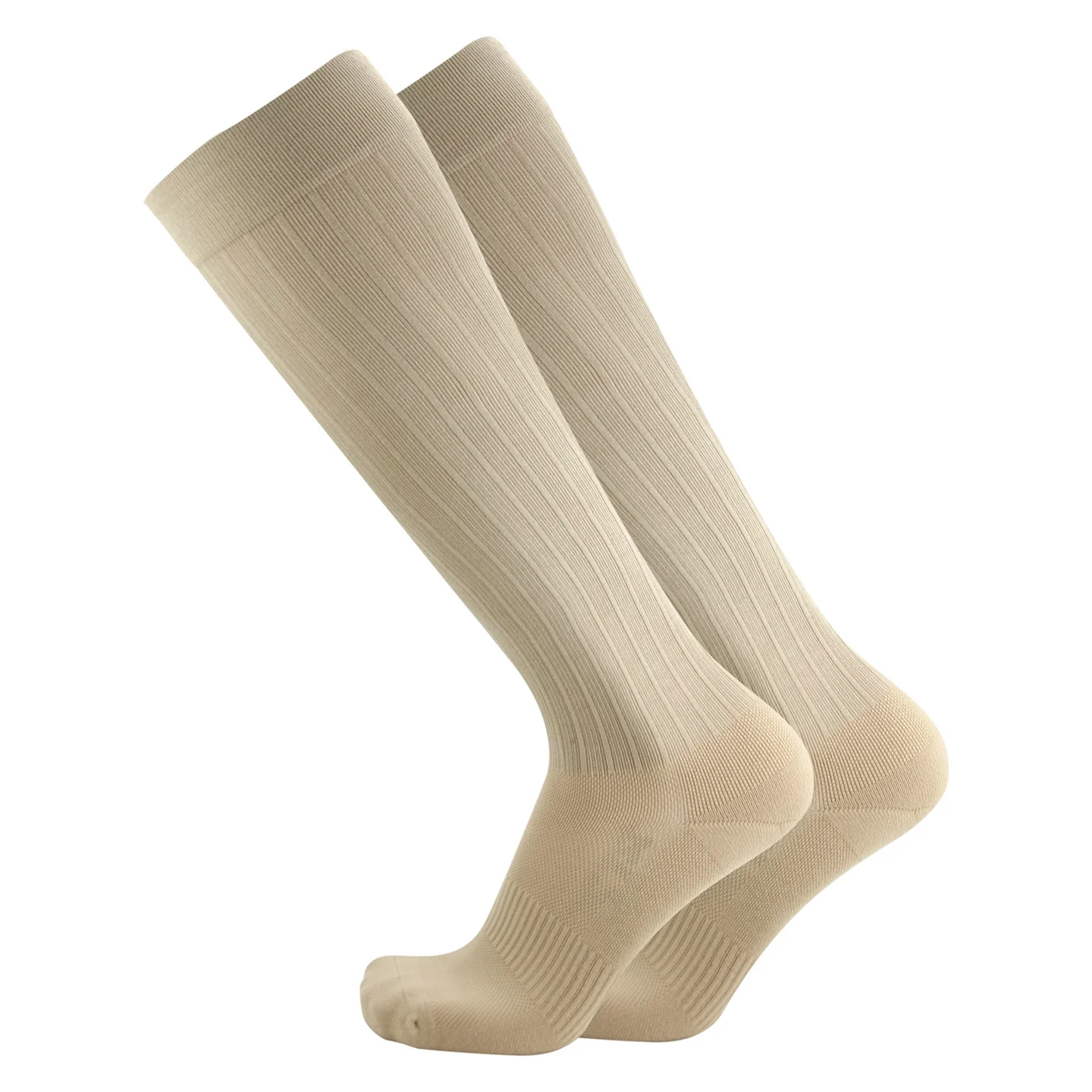 OS1st TS5 Travel Socks in tan, providing compression support to improve circulation and reduce discomfort during travel and long periods of sitting.