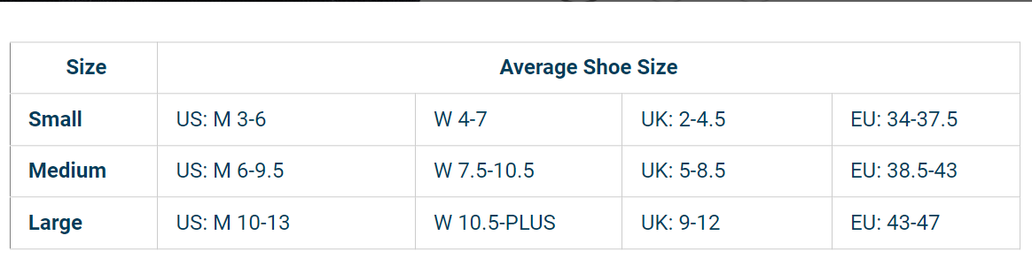 OS1st size chart for OS1st BR4 Bunion Relief Socks