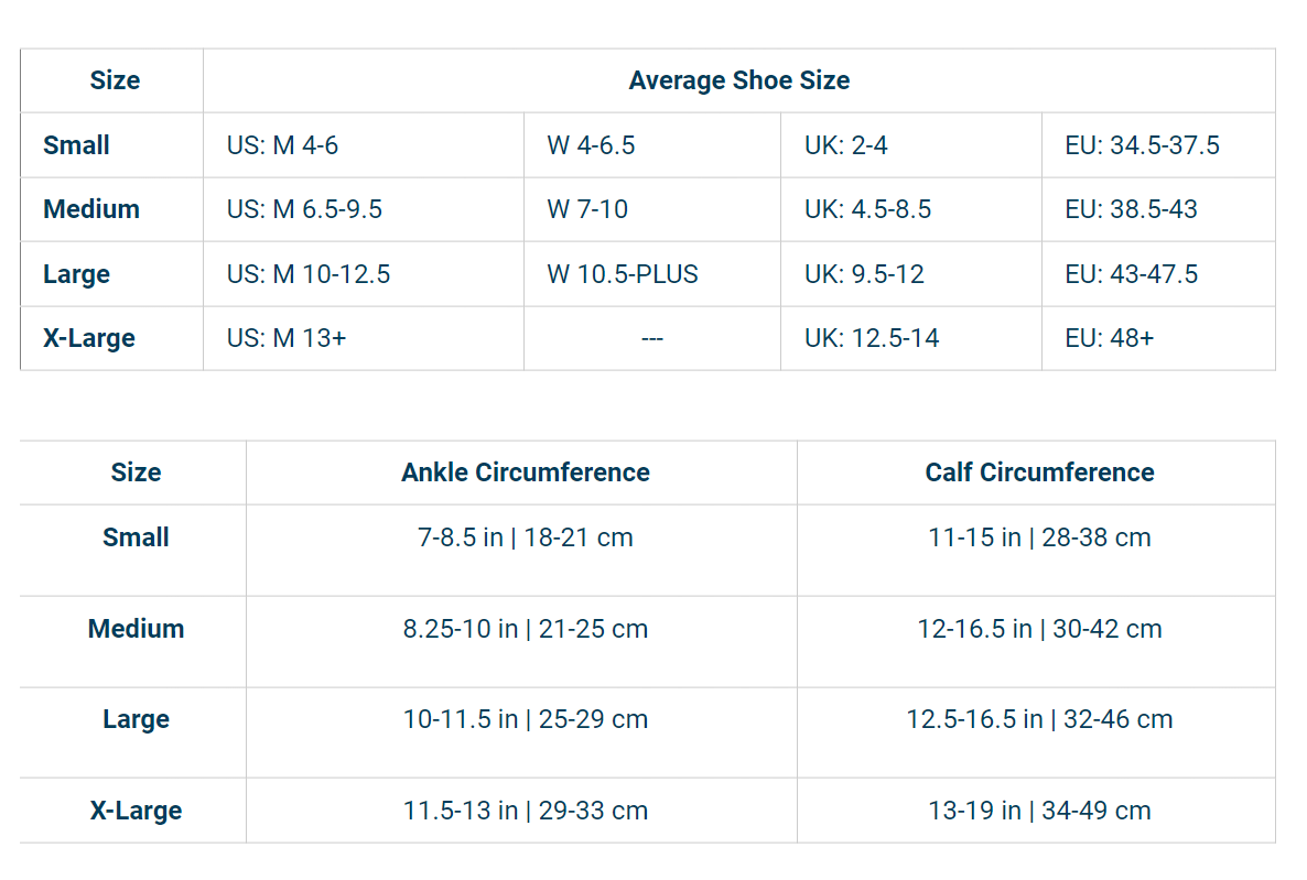 Size chart for OS1st TS5 Travel Socks