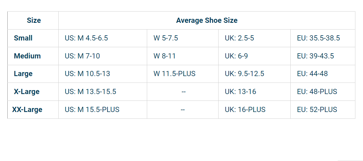 Size chart for OS1st WP4+ Wide Crew Wellness Performance Socks