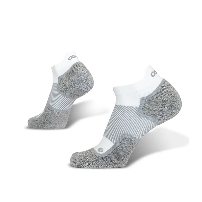OS1st WP4+ Wide No Show Wellness Performance Socks in white, providing targeted compression for improved circulation and foot comfort, designed for wider feet.