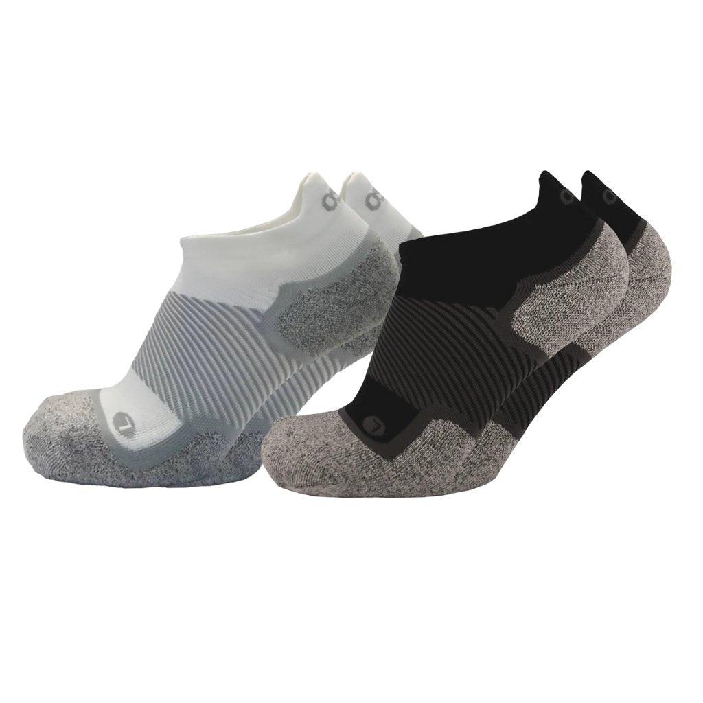 Two pairs of OS1st WP4 No Show Wellness Performance Socks in black and another in white, providing targeted compression for improved circulation, reduced swelling and all-day comfort.