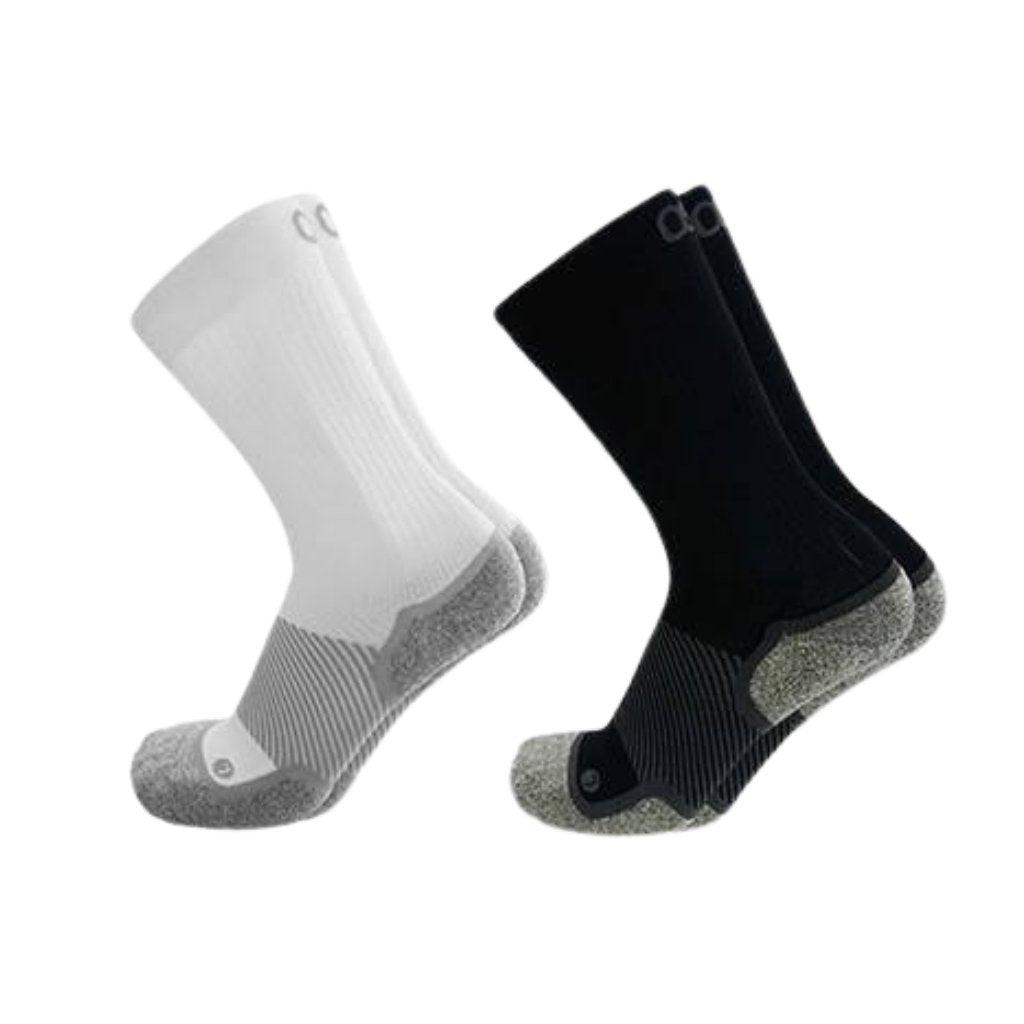 OS1st WP4 Wellness Performance Crew Socks in black and white, offering targeted compression to improve circulation and provide comfort for everyday wear and foot recovery.